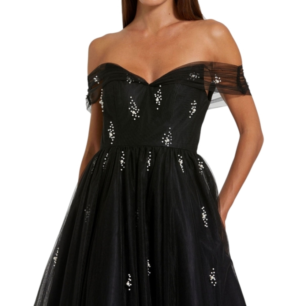 NWT Mac Duggal Black Embellised Tull Off The Shoulder Midi Dress Sz 2 - Picture 3 of 13
